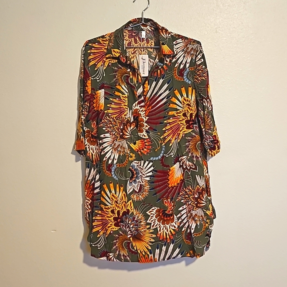 NWT Ekouaer lightweight tropical 3/4 Sleeve  Beach cover up Dress Sz S Oversized